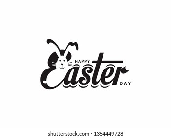 Happy Easter with handwritten text. Eggs and Easter Bunny Vector Logo. Discount Easter Day for sales. Unique design with negative space E becomes Rabbit's head. Templates for Happy Easter, Background,