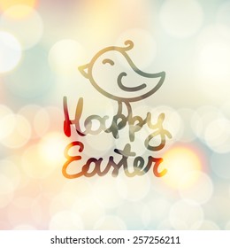 happy easter handwritten text with hand drawn bird on abstract background with lights 