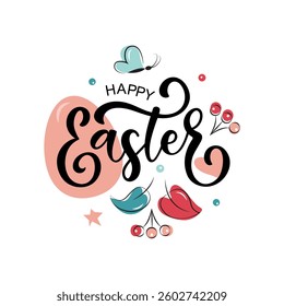 Happy Easter handwritten text. Hand lettering typography, modern brush calligraphy, vector illustration isolated on white background. Design concept for greeting card, banner, poster, logo, print