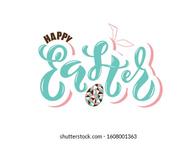 Happy Easter handwritten text isolated on white background. Modern brush calligraphy and colorful egg illustration for logo, icon, banner, greeting card, invitation template. Hand lettering. Vector 