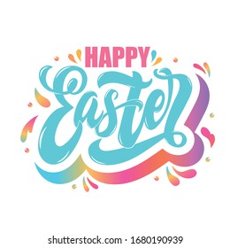 Happy Easter handwritten text isolated on white background. Modern brush calligraphy and colorful gradient shadow for logo, icon, banner, card, invitation template. Hand lettering. Vector illustration