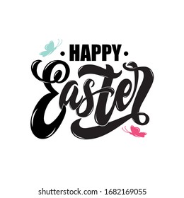 Happy Easter handwritten text isolated on white background. Modern brush ink calligraphy  for logo, icon, banner, card, invitation template. Hand lettering. Vector illustration. Season's greetings.