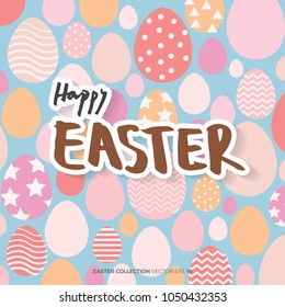 Happy Easter handwritten text on pastel colorful fancy decorated egg background