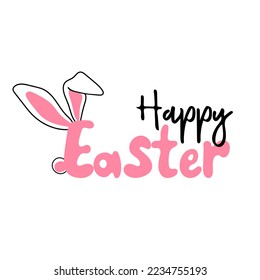 Happy Easter. Handwritten text with rabbit ears.  Holiday design. Vector illustration