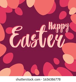 Happy Easter handwritten text and red Easter eggs. Modern Greeting card. Calligraphy lettering and simple easter eggs in pastel red colors. Hand drawn vector illustration