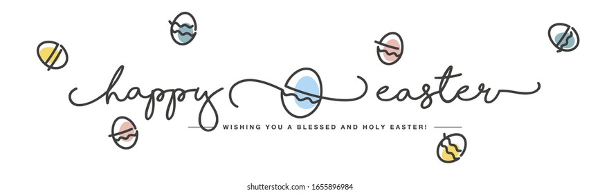 Feliz Pascua tipografía escrita a mano letra líneas de texto diseño huevos coloreados banner aislado de fondo blanco
