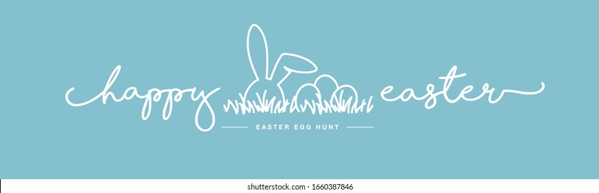 Happy Easter handwritten typography lettering text line design bunny eggs grass sea green greeting card