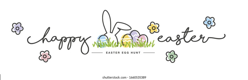 Happy Easter handwritten typography lettering text line design colorful Easter bunny eggs grass flowers white greeting card