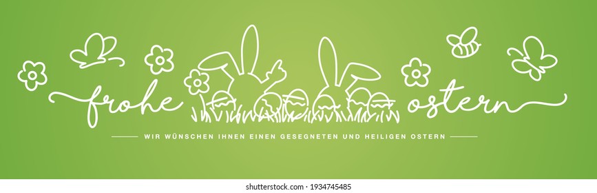 Happy Easter handwritten typography lettering we wish you a holy and blessed Easter on German language with white bunny, eggs, flowers, grass, butterflies and bee on green background drawing in line d