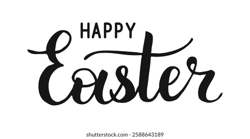 Happy Easter handwritten words isolated on white background. Hand drawn Calligraphy black lettering. Text design script for card poster banner.