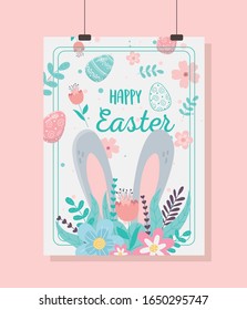 happy easter hanging card big ears flowers floral decoration vector illustration