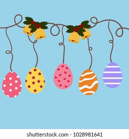 Happy easter hanging eggs icons. Vector illustration. Easter eggs for Easter holidays design on blue background.