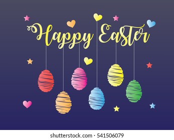 Happy easter with hanging eggs, scattered colorful hearts and stars on dark blue background