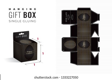Happy Easter Hanging Gift Box Die Cut Cube Template with 3D Preview - Blueprint Layout with Cutting and Scoring Lines over Gold Calligraphic Lettering on Black - Vector Packaging Graphic Design
