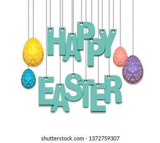 Happy Easter. Hanging letters on ropes. Pattern for greeting card, banner, poster, flyer, invitation, ad, promotion, article. Vector illustration