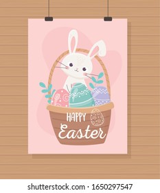 happy easter hanging poster cute rabbit basket with eggs vector illustration