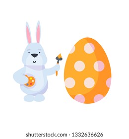 Happy easter. hare character. Isolated on white background. funny bunny with a big easter egg
