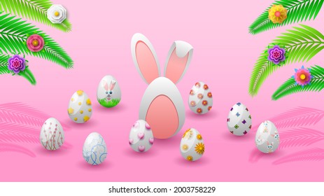 Happy Easter Hare Ears Eggs Flower Greeting Background. Vector Design Banner Party Invitation Web Poster Flyer Stylish Brochure, Greeting Card Template