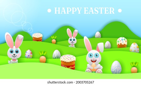 Happy Easter Hare Rabbit Bunny Eggs Greeting Background. Vector Design Banner Party Invitation Web Poster Flyer Stylish Brochure, Greeting Card Template