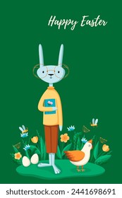 Happy easter. Hare, rabbit, eggs, flowers. Easter concept. Template for card, poster, banner, paper, textile. Vector illustration in modern style.