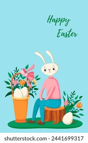 Happy easter. Hare, rabbit, eggs, flowers. Easter concept. Template for card, poster, banner, paper, textile. Vector illustration in modern style.