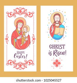 happy Easter! He is risen! Easter cards with the image of Jesus and virgin Mary with baby Jesus on hands. Vector illustration.