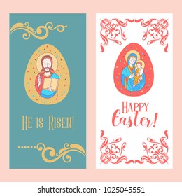 happy Easter! He is risen! Easter cards with the image of Jesus and virgin Mary with baby Jesus on hands. Vector illustration.