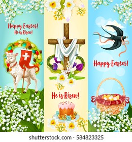 Happy Easter, He is Risen festive banner. Easter egg hunt basket, Easter cake with decorated eggs, cross with spring flowers, lamb of God, floral wreath and flying swallow bird cartoon poster design