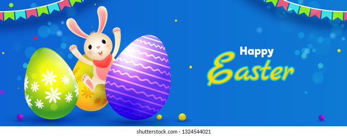 Happy Easter header or banner design with colorful printed easter eggs and cute bunny illustration on blue background.
