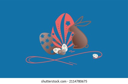 Happy Osterheader mit einem Schokoladenhasen, Eier, Süßigkeiten, Vektorgrafik einzeln auf dunkelblauem Hintergrund