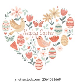 Happy Easter heart shaped greeting card with colorful eggs, bird and flowers. Vector illustration and lettering in hand drawn flat style, pastel colors.