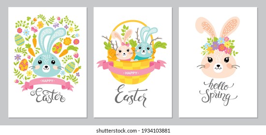 Happy Easter and Hello Spring cards with cute rabbits, floral elements and typographic design. Greeting templates and invitations. Vector illustration.