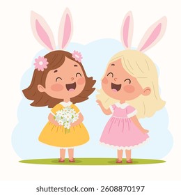 Happy easter! Hello spring! Cute little girls with bunny ears and flowers. Vector illustration.