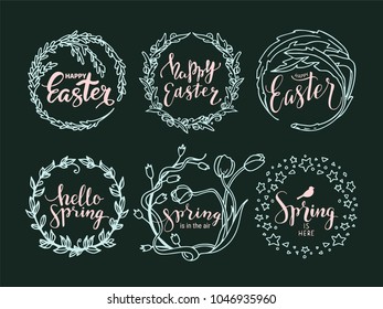 Happy Easter, Hello Spring handwritten lettering. Brush calligraphy text templates with floral wreath ornaments. Congratulation phrases for postcard, invitation, banner, poster, flyer design templates
