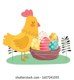 happy easter hen with basket filled eggs decoration vector illustration