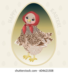 Happy Easter Hen in egg frame wearing a retro red hood, detailed vintage postcard with a happy ester star text,spring event chicken card illustration or dishes gradient print with polka dot background