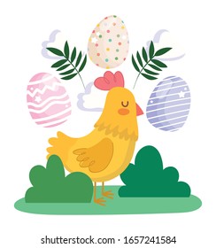 la gallina de la Semana Santa y la pintura los huevos dejan la hierba arbustos naturales ilustración vectorial