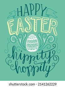 Feliz Hoppity Hoppity de Pascua. Ilustración de vectores de vacaciones hechos a mano con un huevo para tarjetas de felicitación, pósters o invitaciones