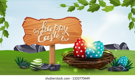 Happy Easter, hoeizontal vector illustration with wooden pointer and Easter eggs in the nest with spring landscape
