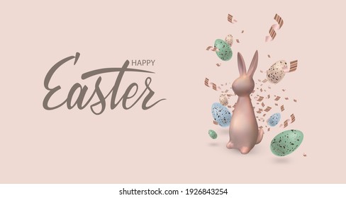 Happy Easter holiday background. 3d Pink gold rabbit and bunny, natural eggs and golden confetti. Festive design with realistic decoration elements. Vector illustration. Greeting card, banner, poster.