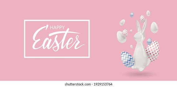 Happy Easter holiday background. 3d white ceramic rabbit and bunny, eggs with blue and pink ornament. Festive design with realistic decoration elements. Vector illustration. Easter Design for banner.