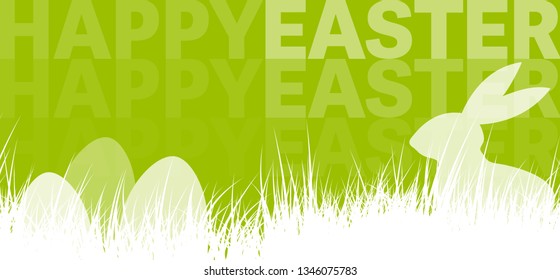 happy easter holiday background banner with silhouette of easter bunny and eggs behind grass