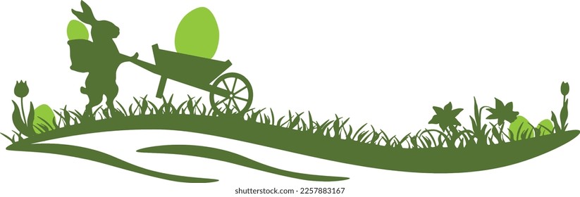 Felices vacaciones de Pascua Banner gráfico panorámico del vector para el logo - Silueta verde del conejito de Pascua y carretilla con huevos de Pascua aislados en fondo blanco