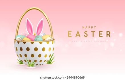 Fondo de vacaciones de Pascua feliz con cesta, huevos de Pascua y orejas de conejo dentro. Ilustración vectorial