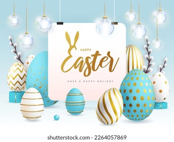 Happy Easter holiday background with blue easter eggs and willow branches. Greeting card or poster. Vector illustration