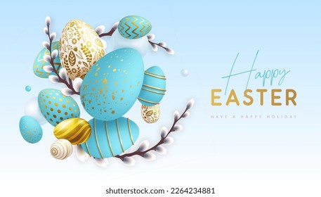 Happy Easter holiday background with blue Easter eggs and willow branches. Greeting card or poster. Vector illustration