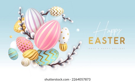 Happy Easter holiday background with colorful  Easter eggs and willow branches. Greeting card or poster. Vector illustration