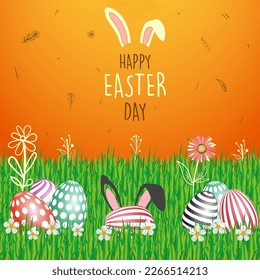 Happy easter holiday background with colorful painted eggs on green grass illustration