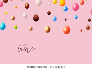 Happy Easter! Holiday background with colorful eggs. Easter eggs on pink background