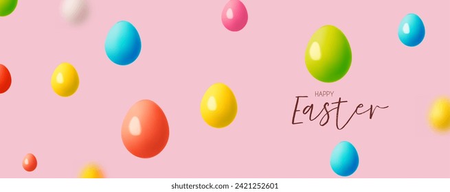 Happy Easter! Holiday background with colorful eggs. Easter eggs on pink background